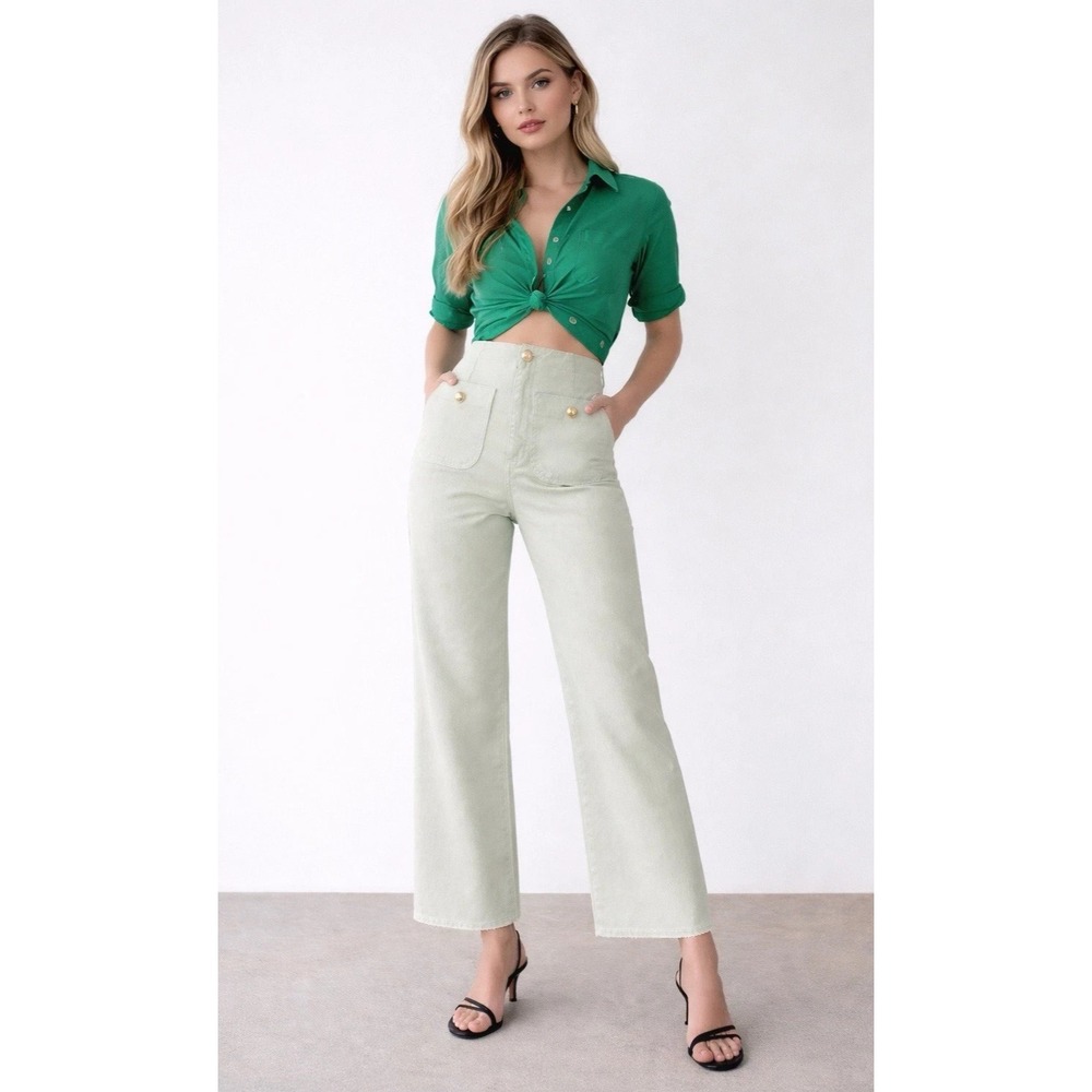 Zara Sage Green and Gold Button Denim High Rise Wide Leg Cropped Denim Jeans-Sz2